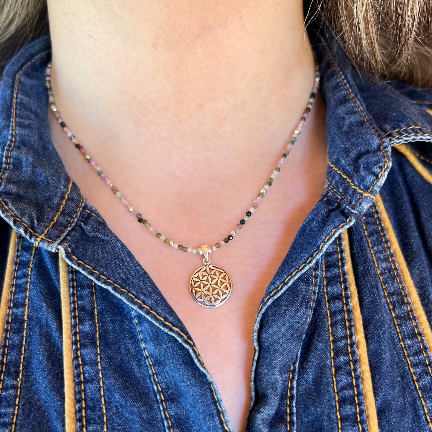 Collar "Armonía y Creatividad" | Turmalina Multicolor y Flor de la Vida | Plata 925