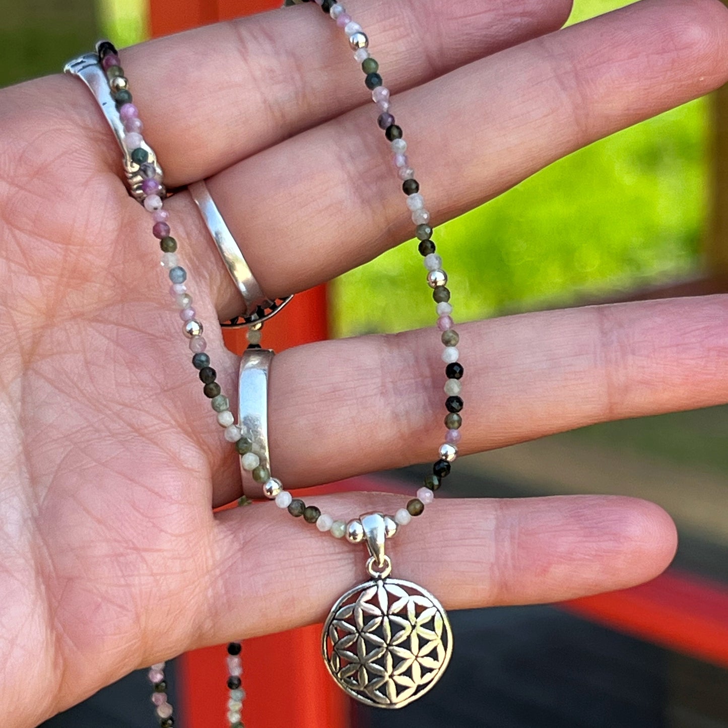 Collar "Armonía y Creatividad" | Turmalina Multicolor y Flor de la Vida | Plata 925