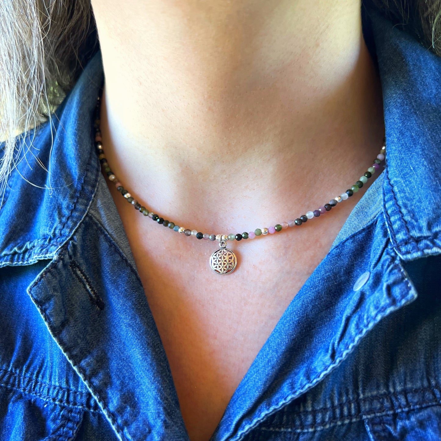 Collar "Armonía y Creatividad" | Turmalina Multicolor y Flor de la Vida | Plata 925