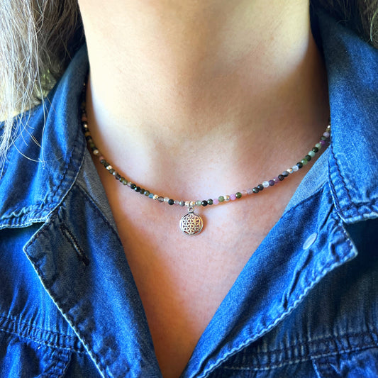 Collar "Armonía y Creatividad" | Turmalina Multicolor y Flor de la Vida | Plata 925