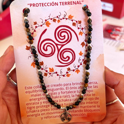 Collar "Protección Terrenal" | Turmalina negra, Hematita y ojo de tigre | Plata 925