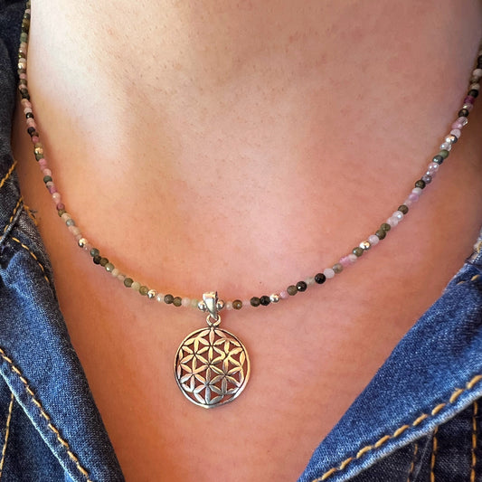 Collar "Armonía y Creatividad" | Turmalina Multicolor y Flor de la Vida | Plata 925