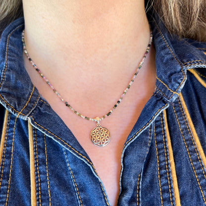 Collar "Armonía y Creatividad" | Turmalina Multicolor y Flor de la Vida | Plata 925