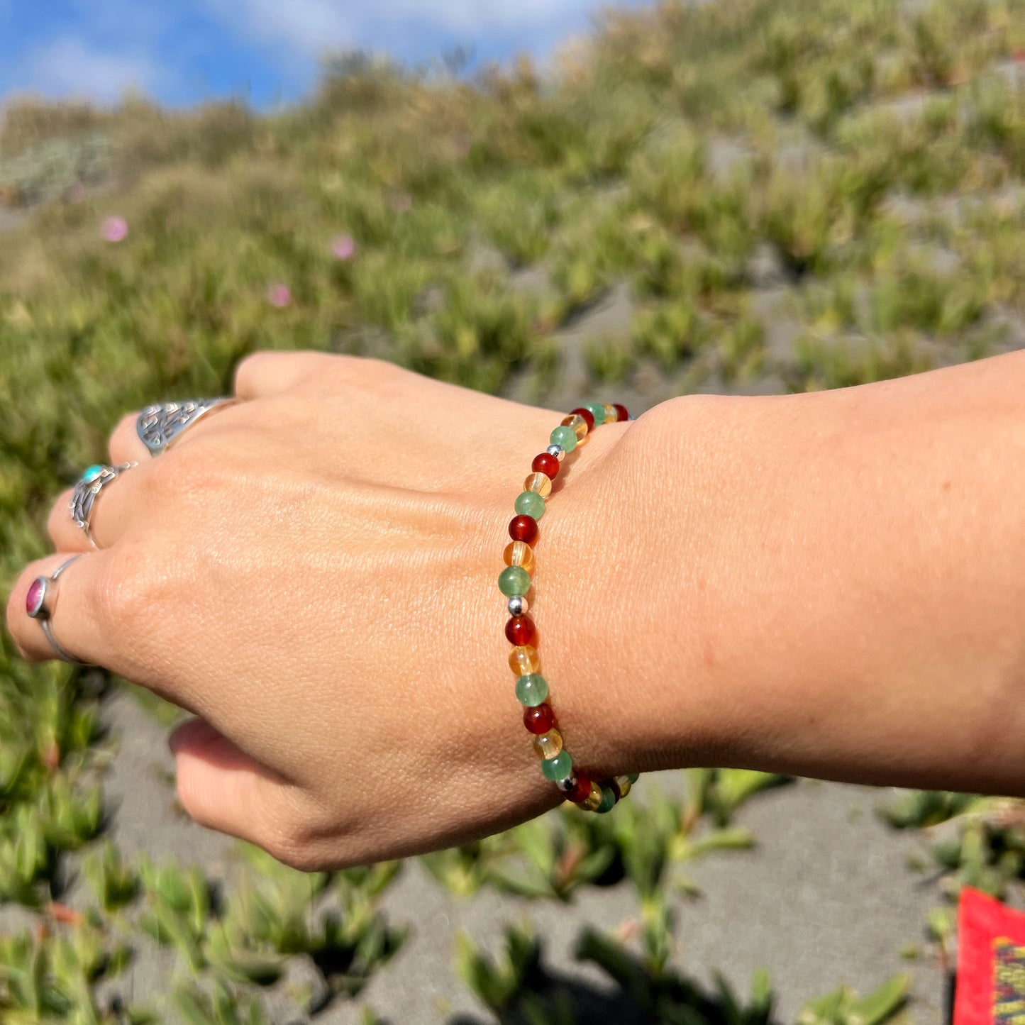 Pulsera Elasticada "Prosperidad y Abundancia" | Cornalina, Citrino y Aventurina Verde | Plata 925