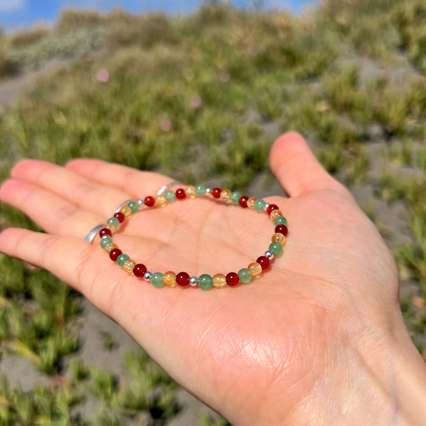 Pulsera Elasticada "Prosperidad y Abundancia" | Cornalina, Citrino y Aventurina Verde | Plata 925