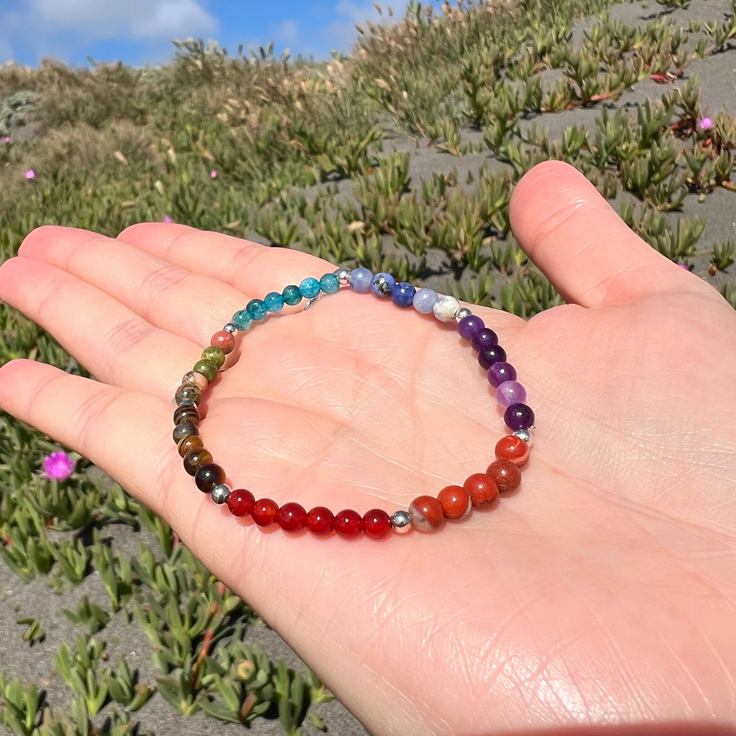 PULSERA ELASTICADA 7 CHAKRAS "ESCUDO PROTECTOR" | Piedras Naturales | Plata 925