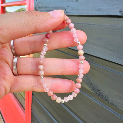 Pulsera Elasticada  "Amor propio"| Cuarzo Rosa y Rodocrosita | Plata 925