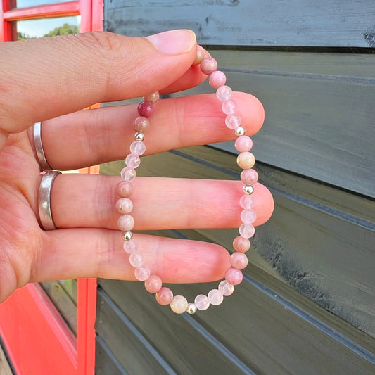 Pulsera Elasticada  "Amor propio"| Cuarzo Rosa y Rodocrosita | Plata 925