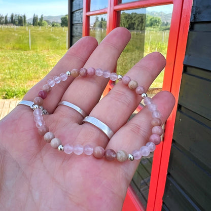 Pulsera Elasticada  "Amor propio"| Cuarzo Rosa y Rodocrosita | Plata 925