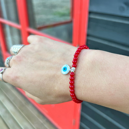 Pulsera Roja de Protección | Jade rojo, ojo turco con nácar y plata 925