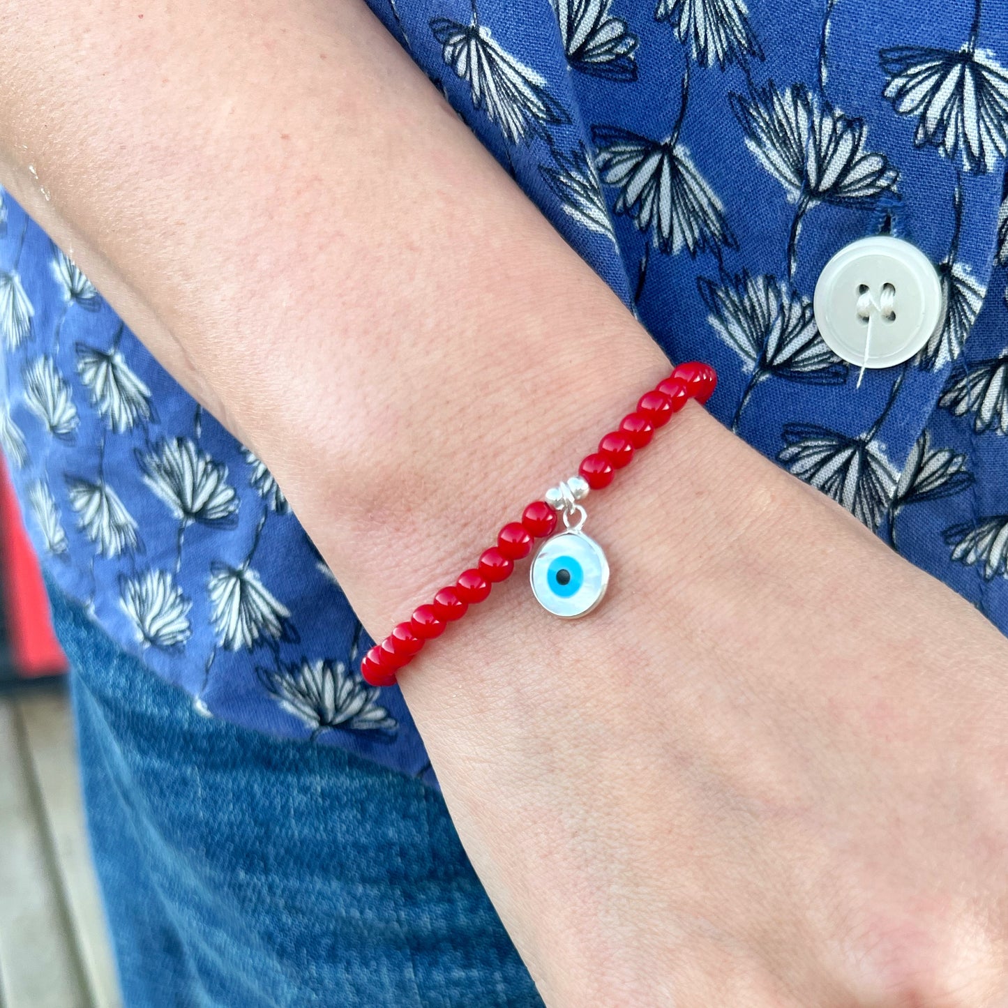 Pulsera Roja de Protección | Jade rojo, ojo turco con nácar y plata 925