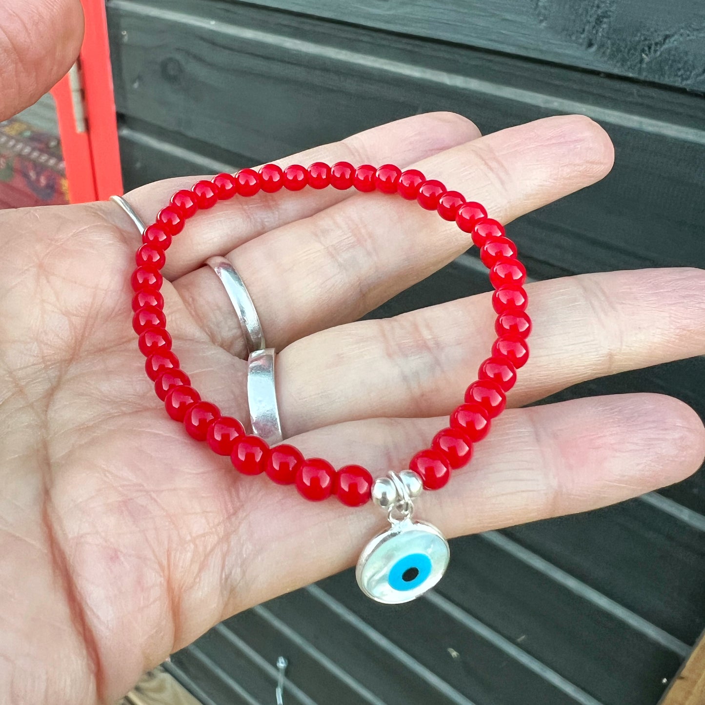 Pulsera Roja de Protección | Jade rojo, ojo turco con nácar y plata 925