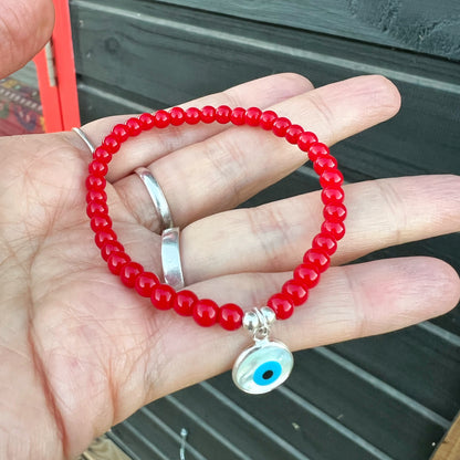 Pulsera Roja de Protección | Jade rojo, ojo turco con nácar y plata 925